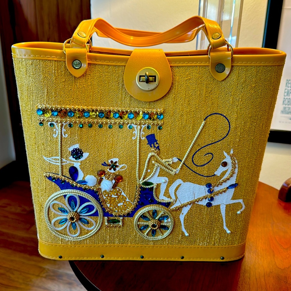 Vintage 1960’s mustard yellow Purse Enid Collins Style carriage scene